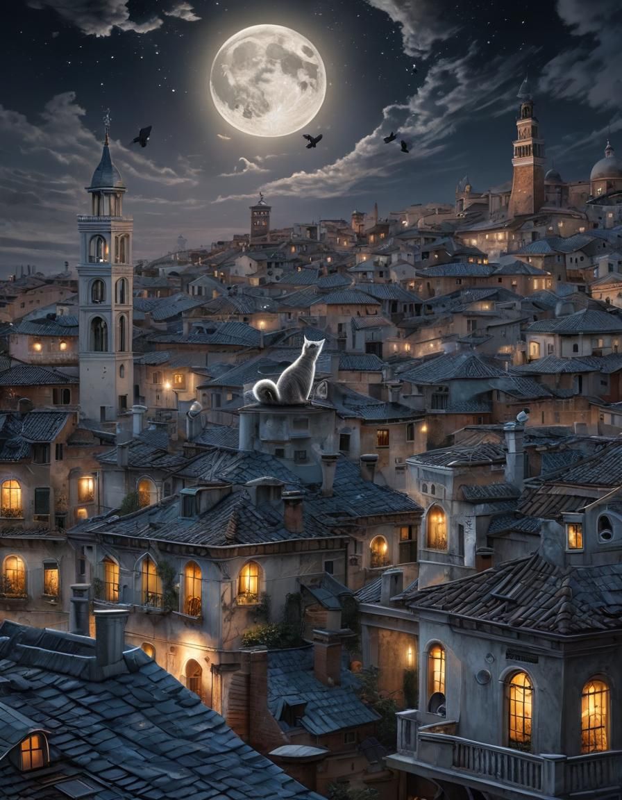 Silver Cat Leaps to Moon Over Venice in Fantasy Art