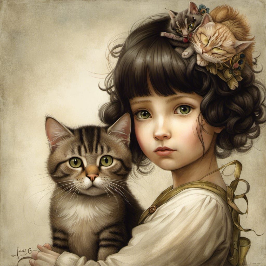 Girl and Cat Portrait in Dreamlike Style