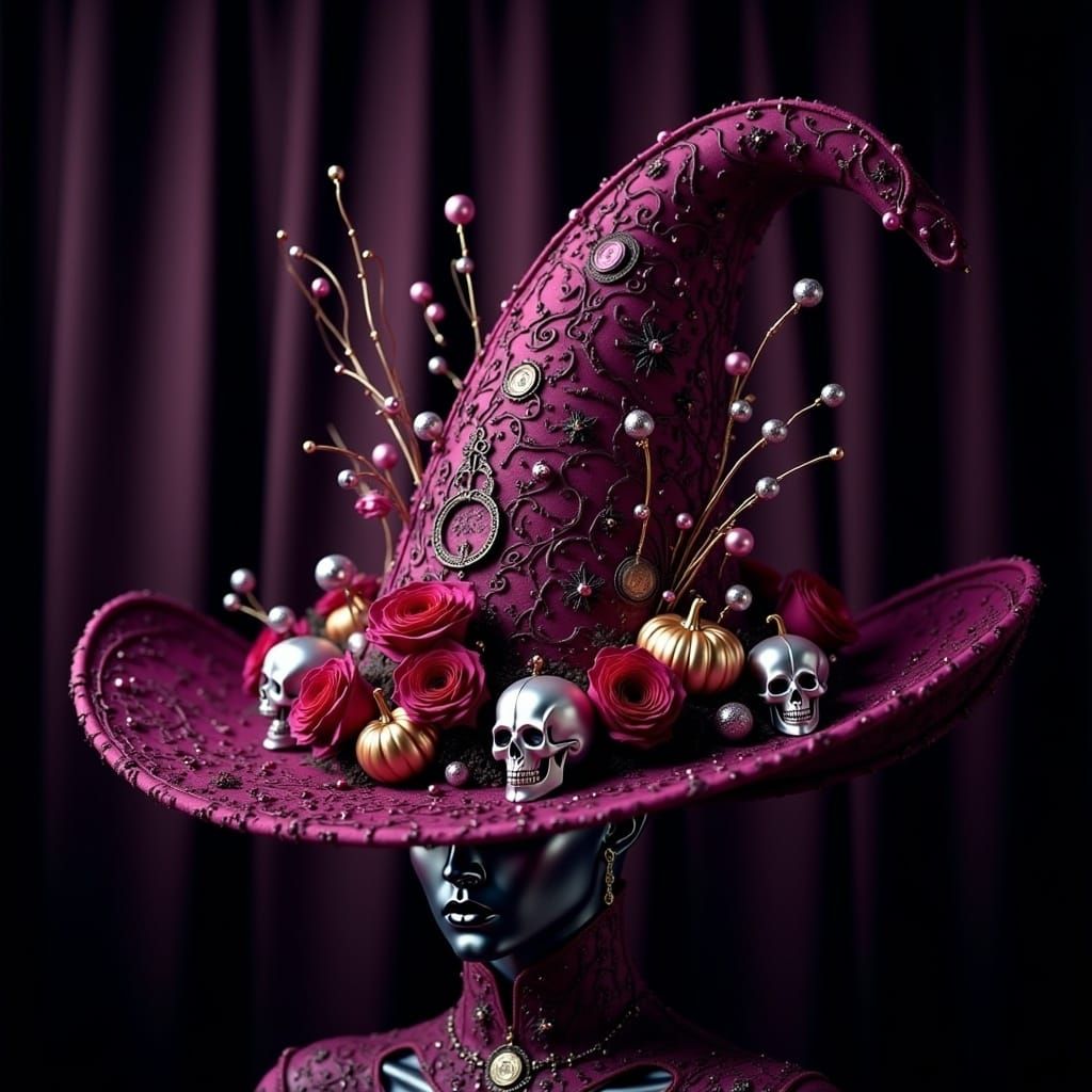 Haute Couture Witch Hat with Roses and Skulls