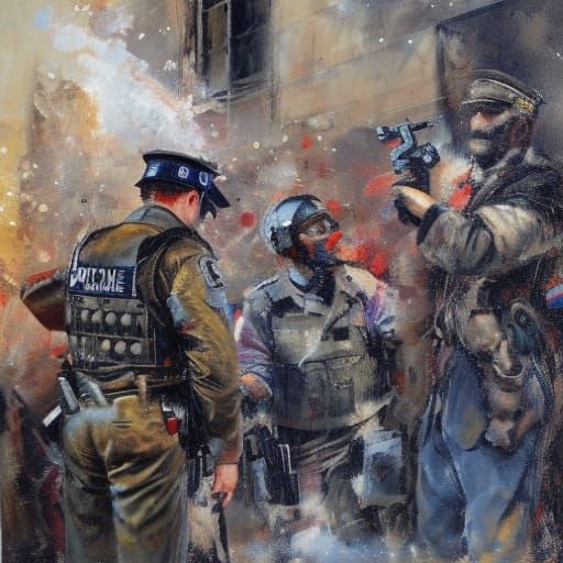 Disturbing Police Suicide with Grenade Launcher, Oil Paintin...