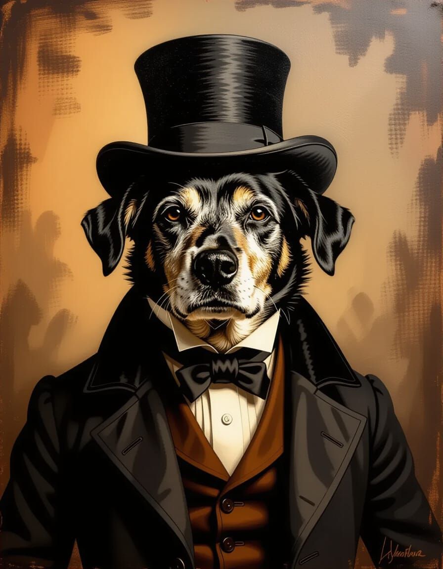 Victorian Dog in Top Hat, Encaustic Painting Style