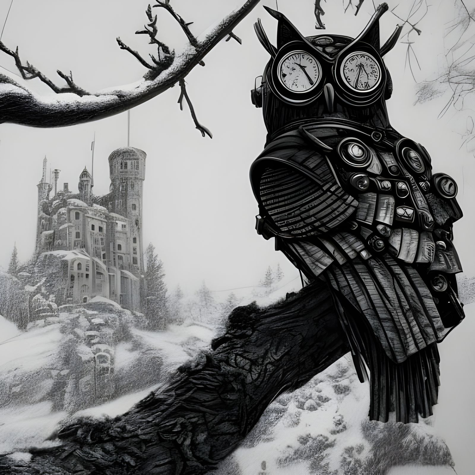 Steampunk Owl in Snowy Landscape: Pencil Drawing