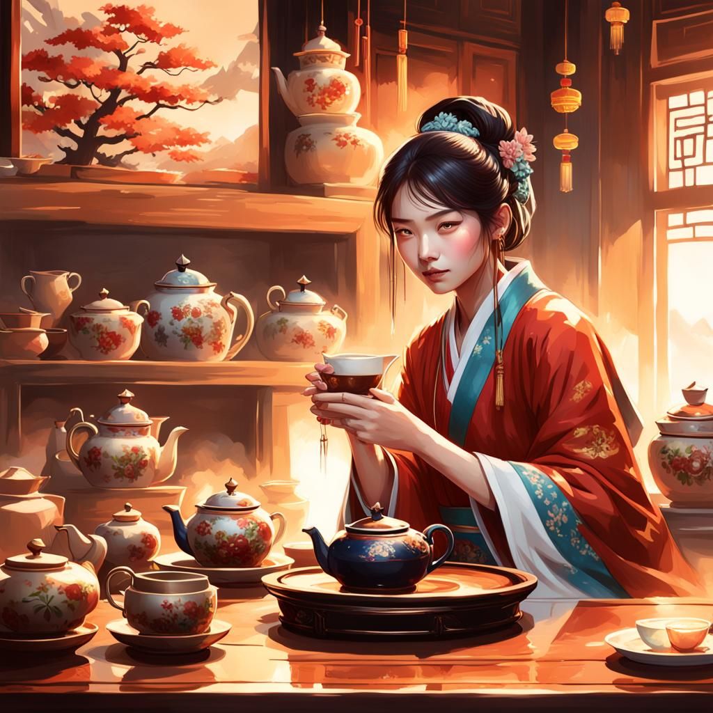 Chinese Tea Ceremony Portrait in Art Nouveau Style