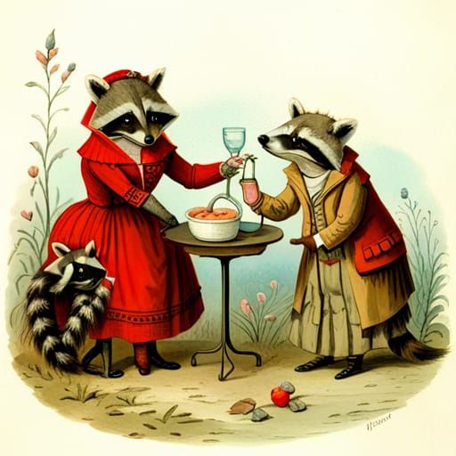 Victorian Raccoons in Kate Greenaway Style