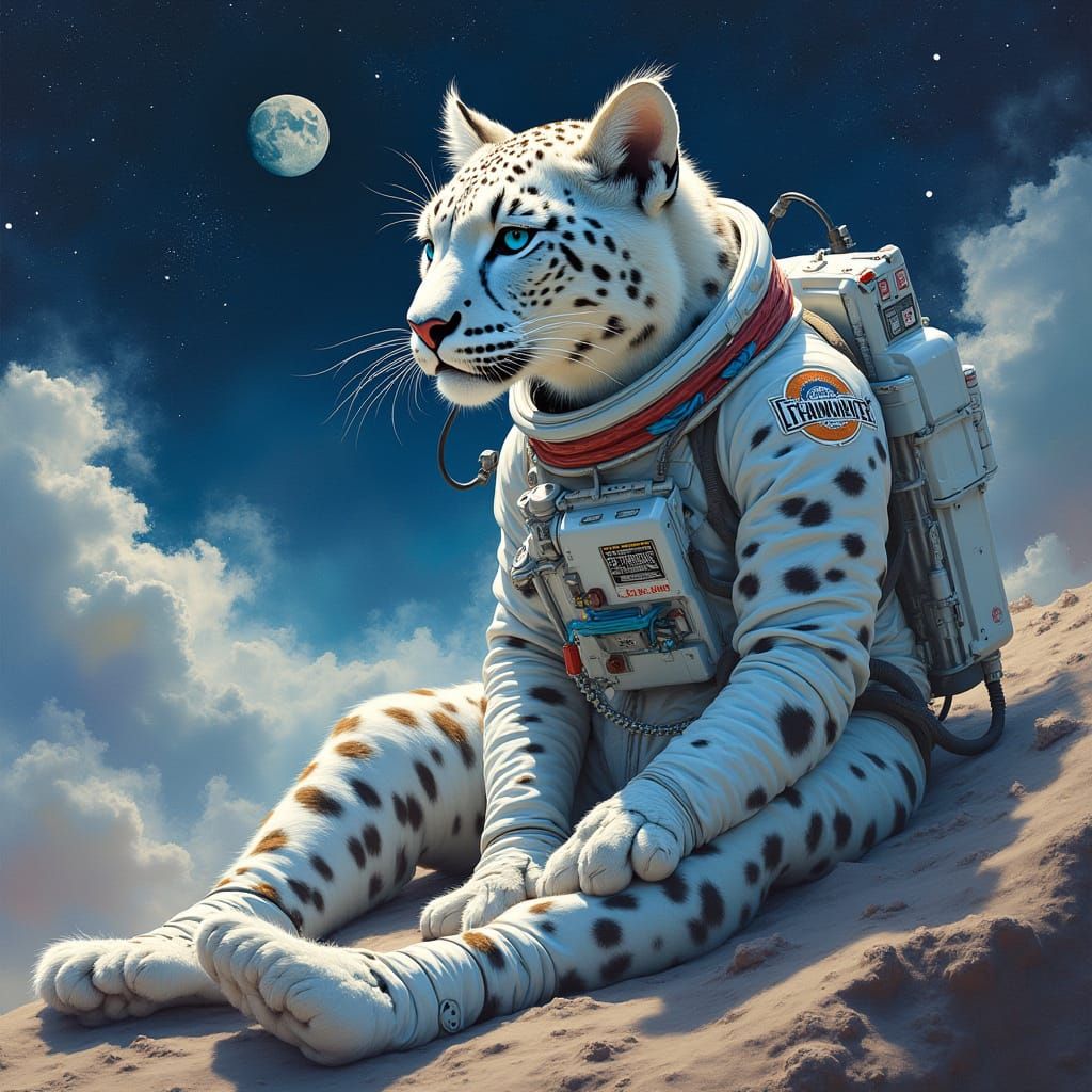 Snow Leopard Embarks on Cosmic Quest in Futuristic Nebula