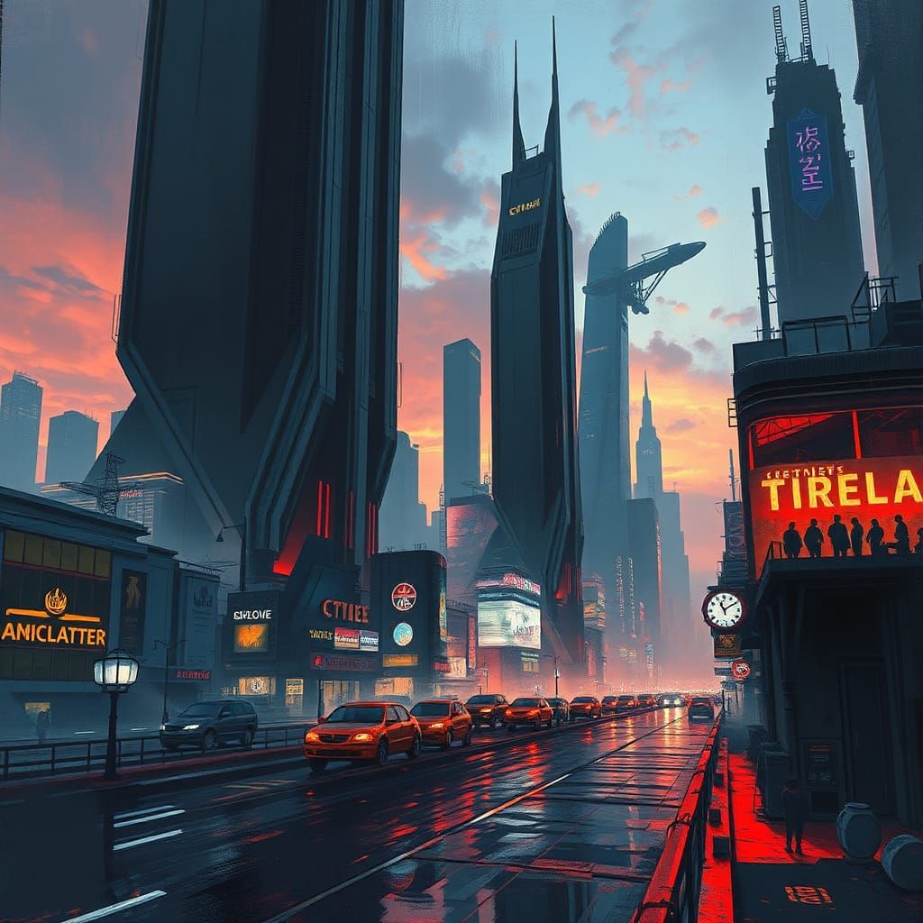 Futuristic Cityscape at Dusk in Digital Painting Style