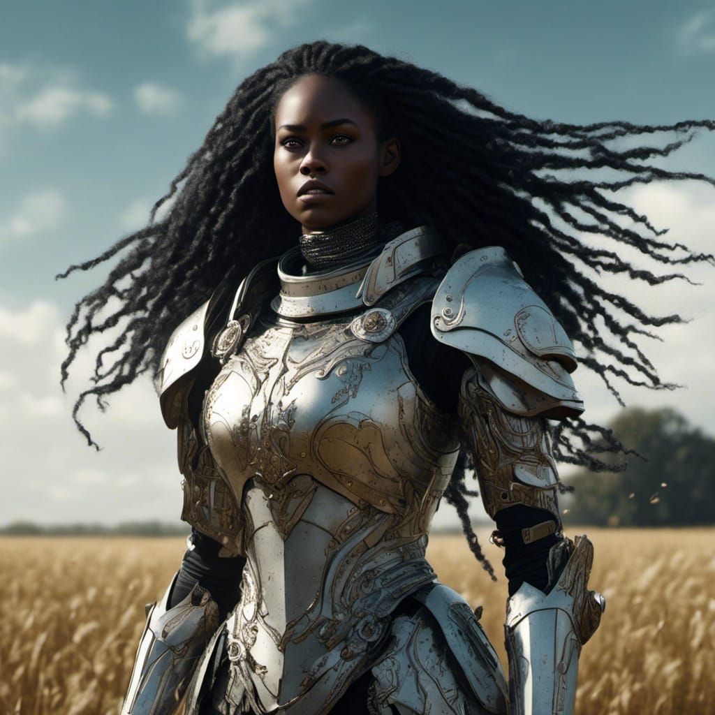 Dramatic Black Woman Warrior in White Armor
