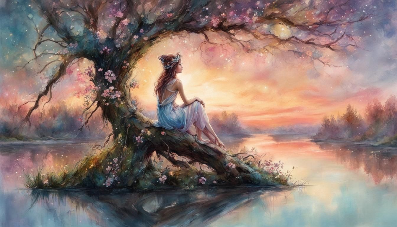 Pastel Fairy on Riverbank in Watercolor Style