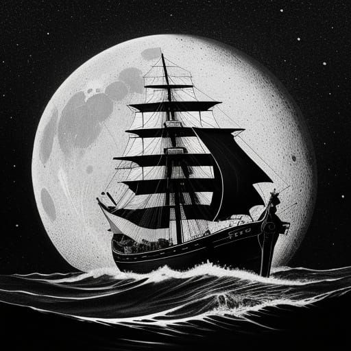 Tusche Boat Sailing Under Hokusai-Style Moon