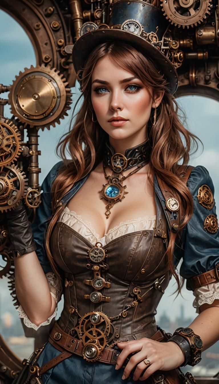Steampunk Lady Portrait with Gears and Copper Pipes