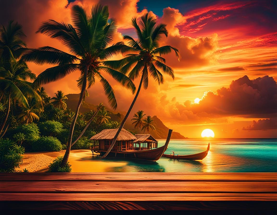 Vintage Polynesian Postcard of Tahiti at Sunset