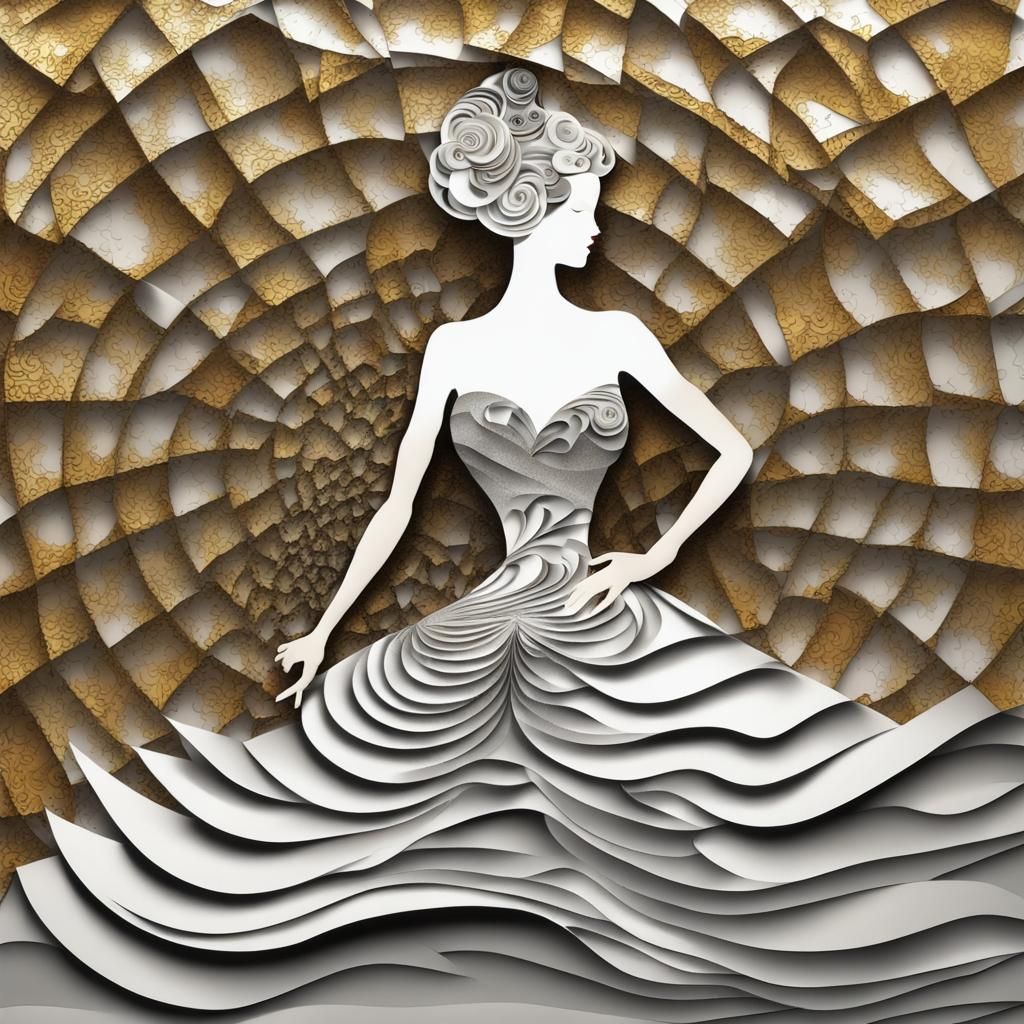 Edwardian Ballgown Paper Collage with Abstract Spirals