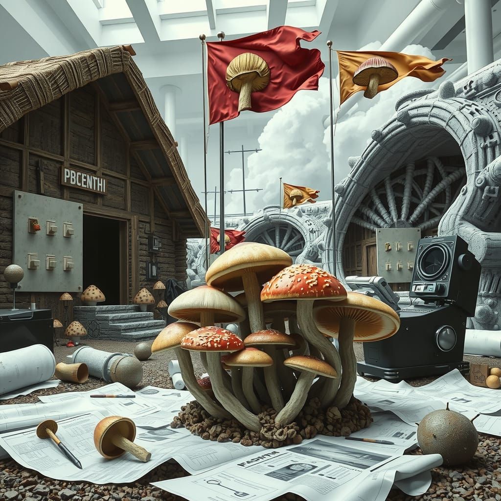 Surrealistic Landscape of Mushrooms and Brutalist Architectu...