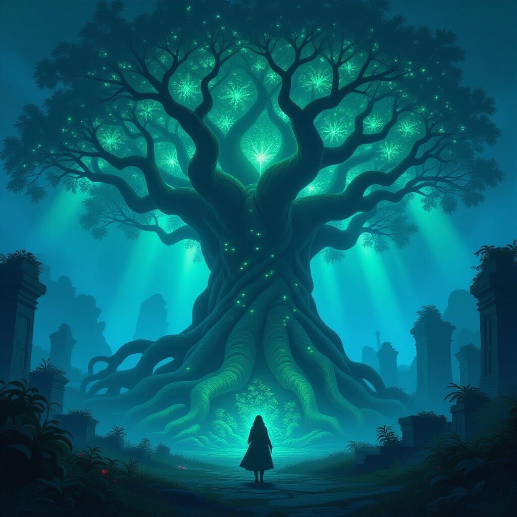 Ancient Bioluminescent Tree in Ethereal Forest Clearing