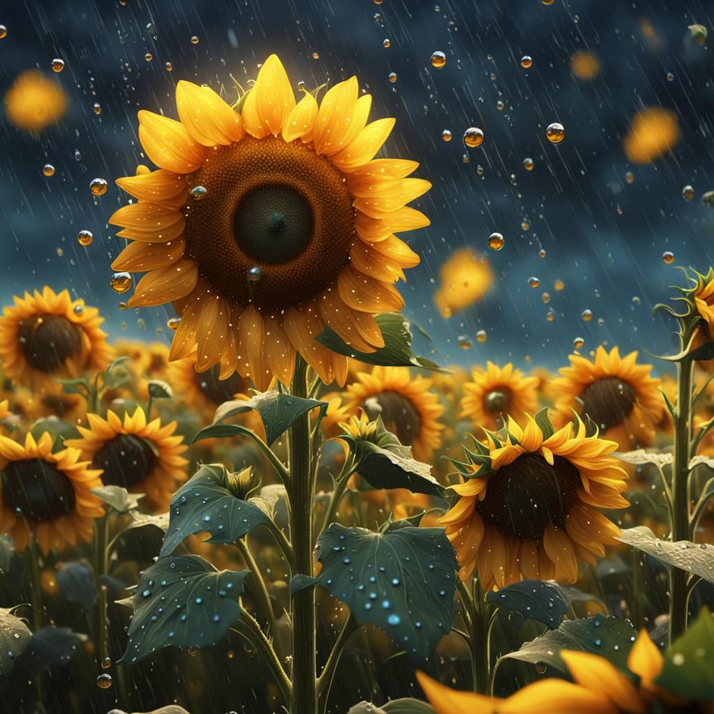 Colorful Raindrops on Sunflower Field: Fantasy Art
