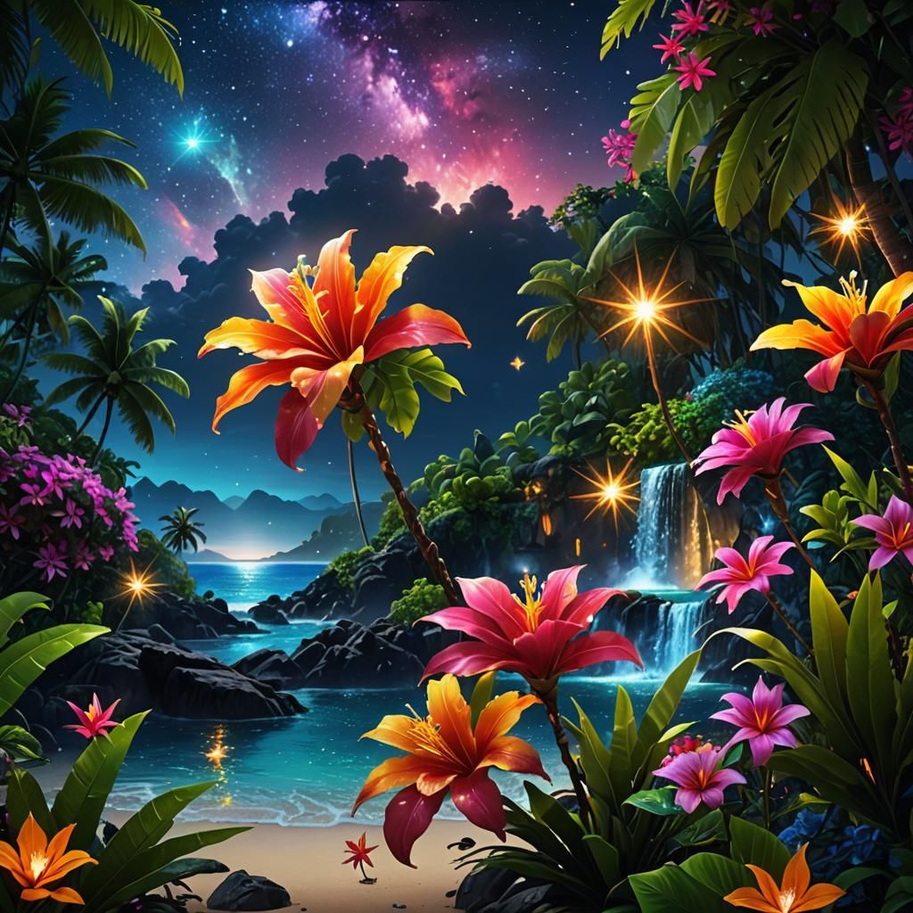 Tropical Jewels: Exotic Flowers Under Starry Sky