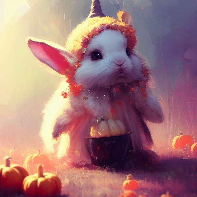 Cute Rabbit Witch with Pumpkins: Photorealistic Art