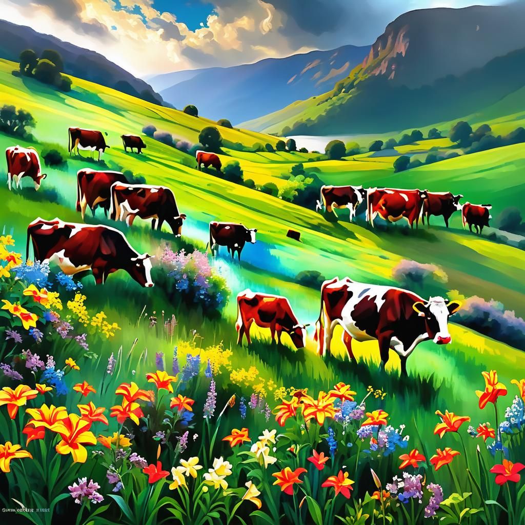 Impressionistic Valley Scene with Cows and Approaching Storm