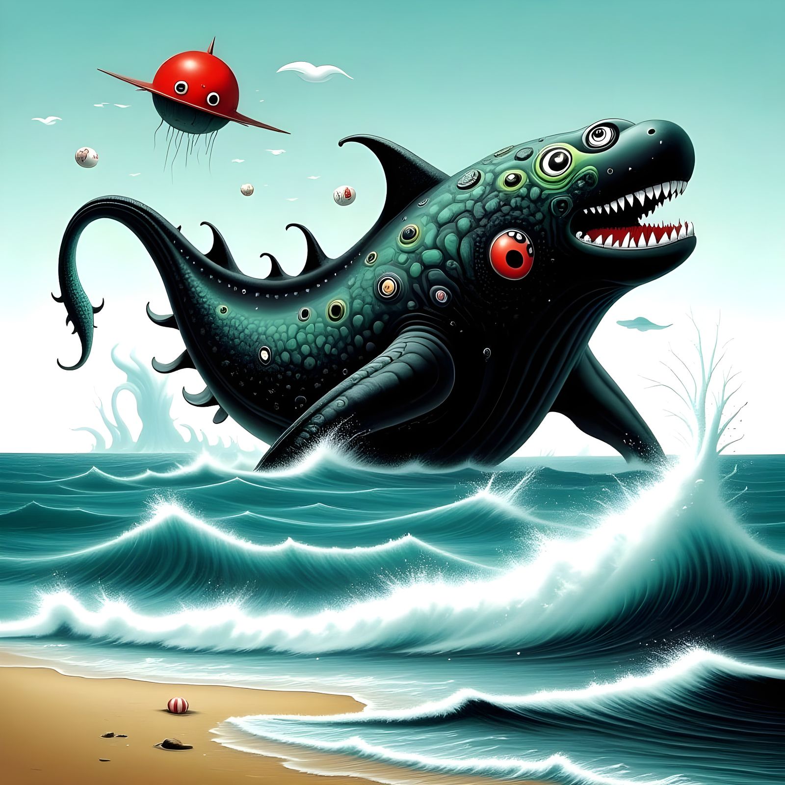 Sharkrino Emerges from Kraken Sea in Cyberpunk Landscape