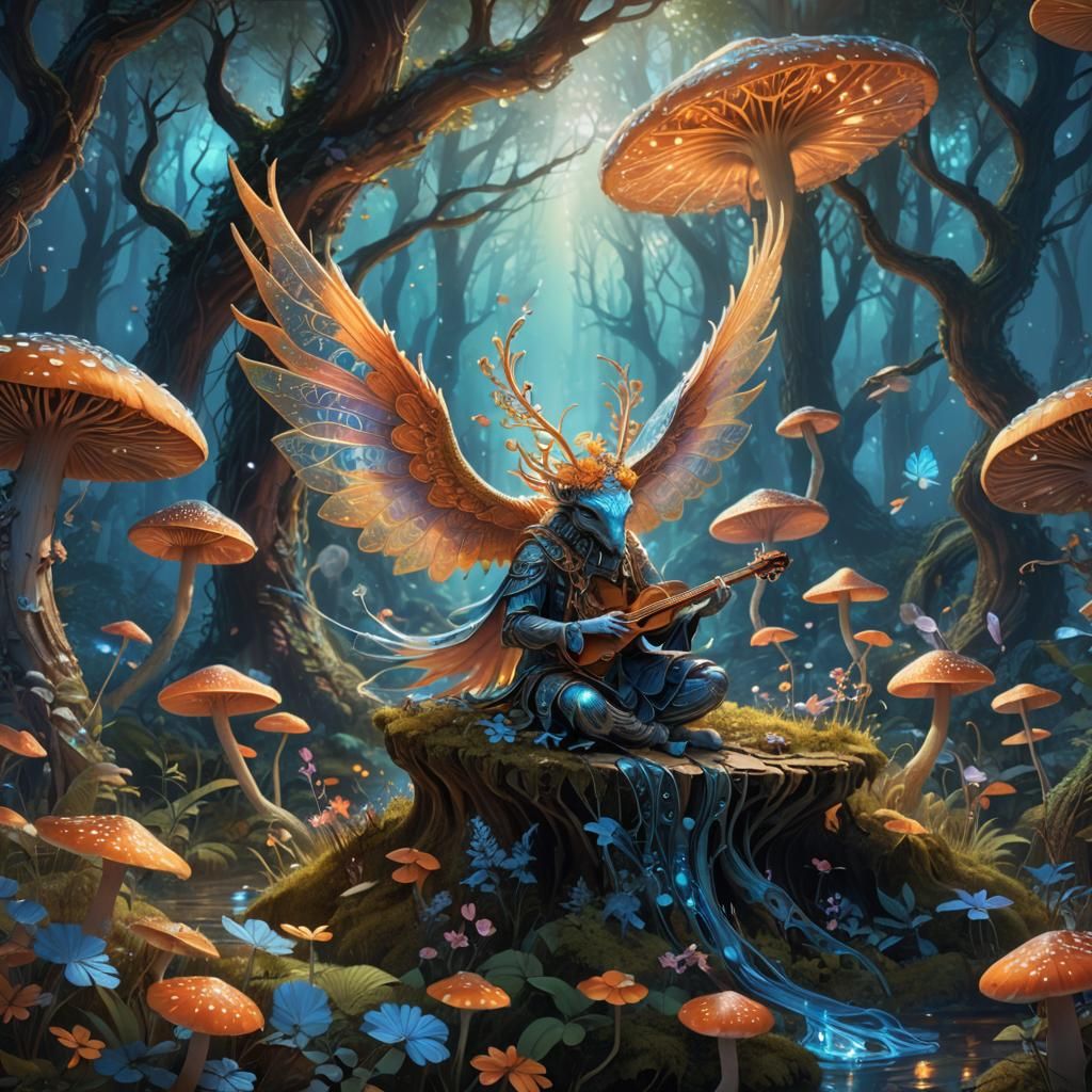 Winged Creature in Iridescent Dreamlike Forest