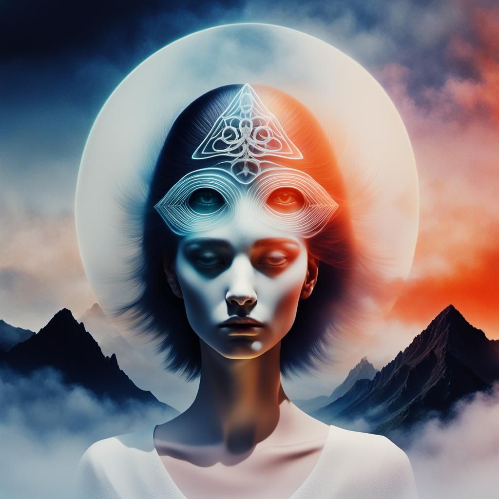 Surrealistic Pagan Goddess Portrait in Futuristic Double Exp...