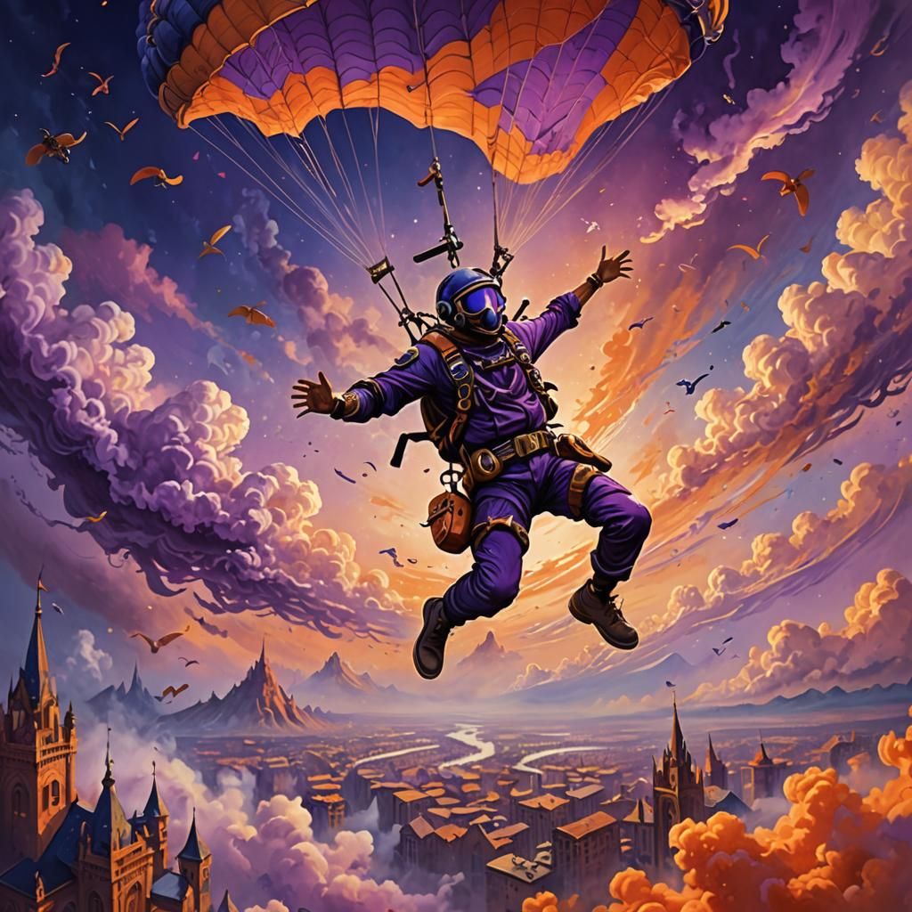 Banjo Player Skydiving Through Fantasy Landscape
