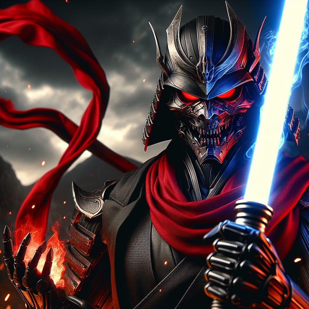 Samurai Warrior with Blue Blade, Manga Style