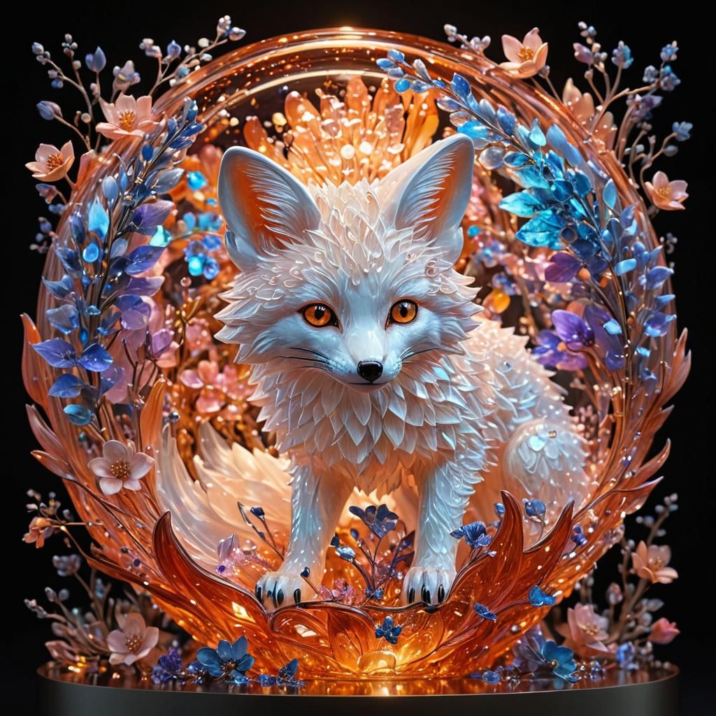 Bioluminescent Flowers Fill Crystal Fox Sculpture