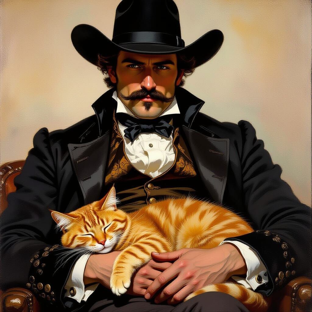 Western Lawman and Cat Oil Painting