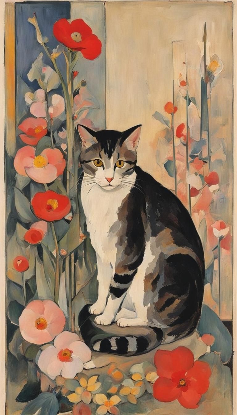 Cute Cat Surrounded by Flowers in Collage Art