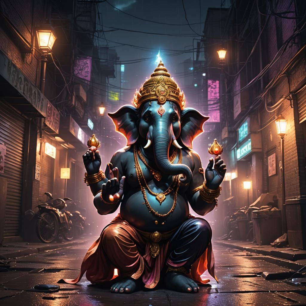 Ganesh in Neon Alley: Dark Fantasy Concept Art