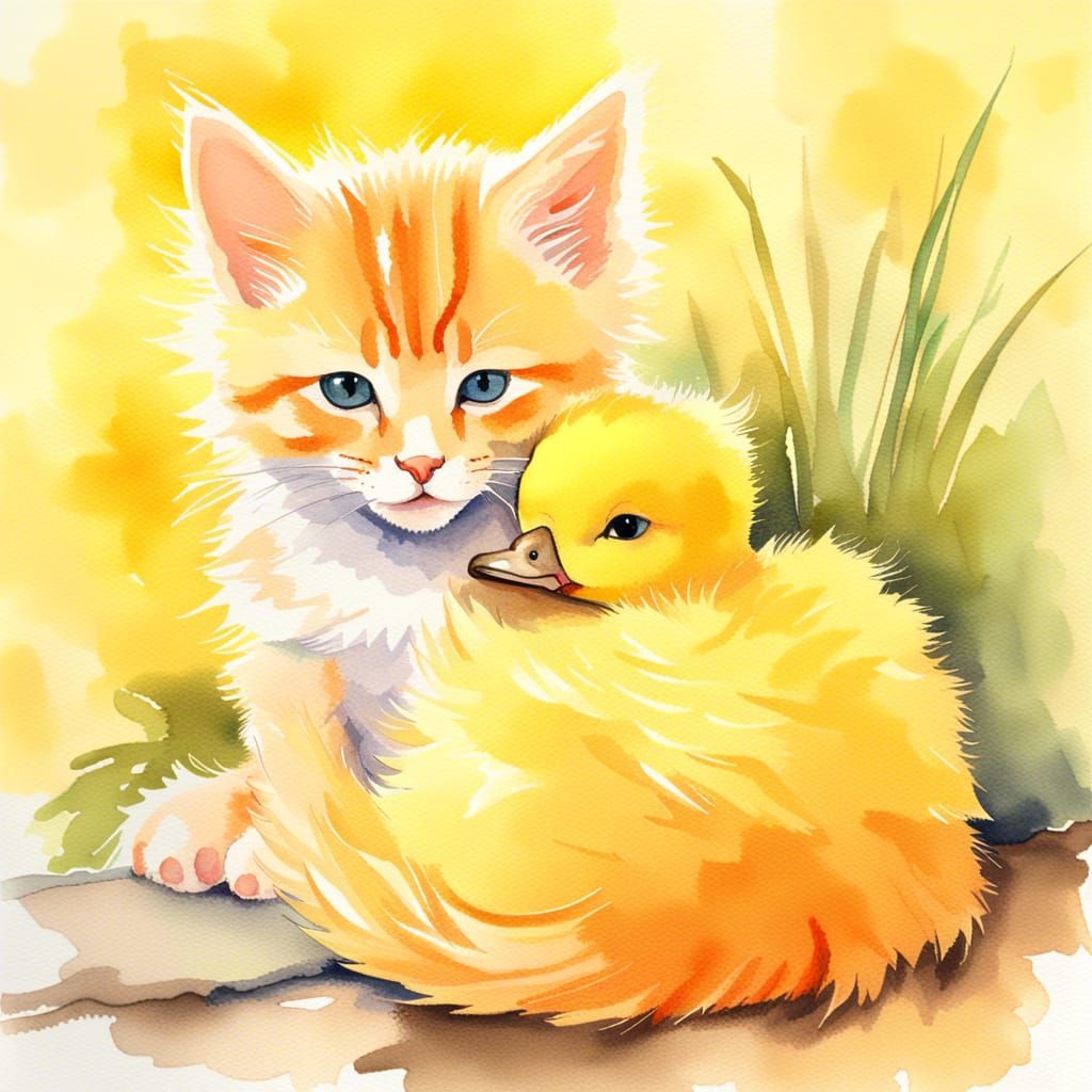 Orange Kitten Cuddling Duckling in Watercolor Style