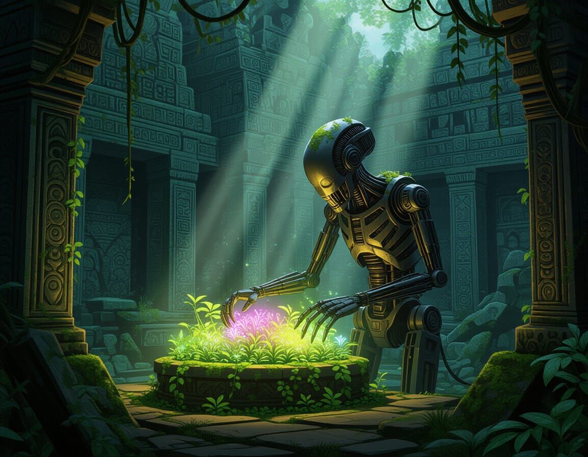 Ancient Automaton Tends Bioluminescent Garden in Overgrown T...