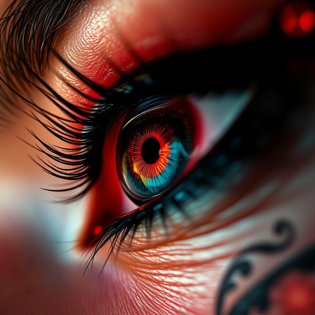 close up, macro photo human eye, extreme camera angle, perfect black and red makeup, 
detailed elements blend together c...
