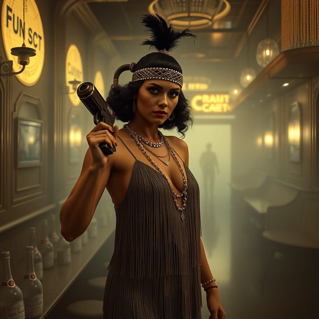 Flapper in Speakeasy Noir, a Futuristic Roaring '20s Scene