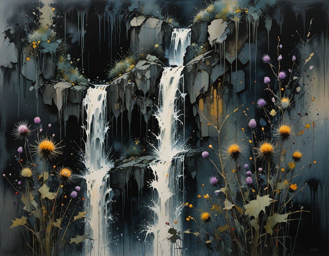 Darkly Realistic Geometric Waterfall with Intricately Detail...
