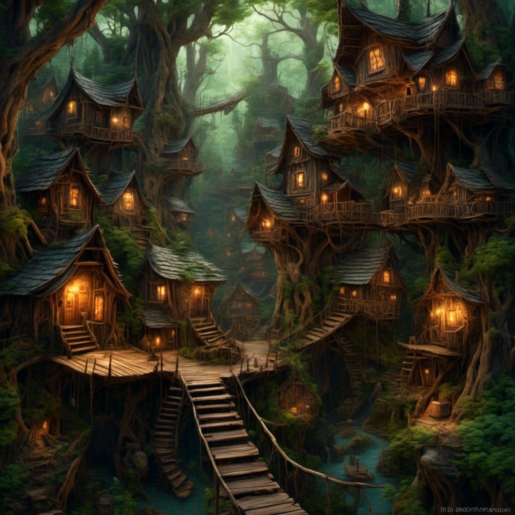 Secluded Village in Dark Forest with Treehouses