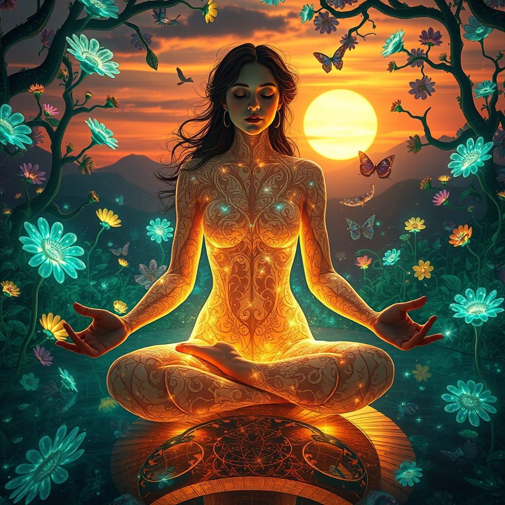 Dreamlike Goddess in Labyrinthine Sunset Landscape, Inspired...