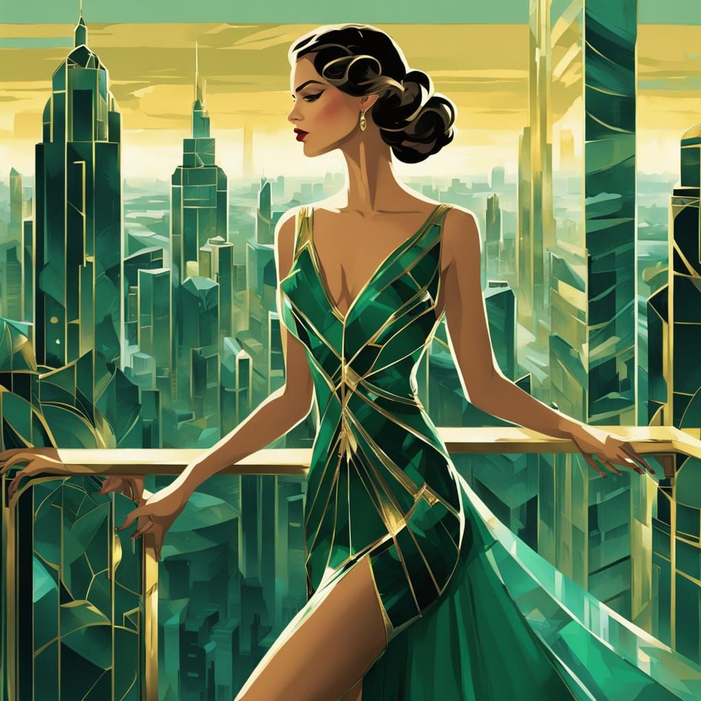 Art Deco Woman in Glass Gown on Futuristic Balcony