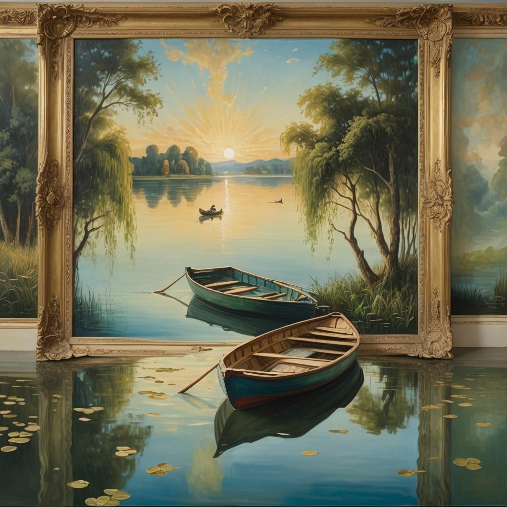 Surreal Room: Lake Painting Breaks Free, Oil on Canvas