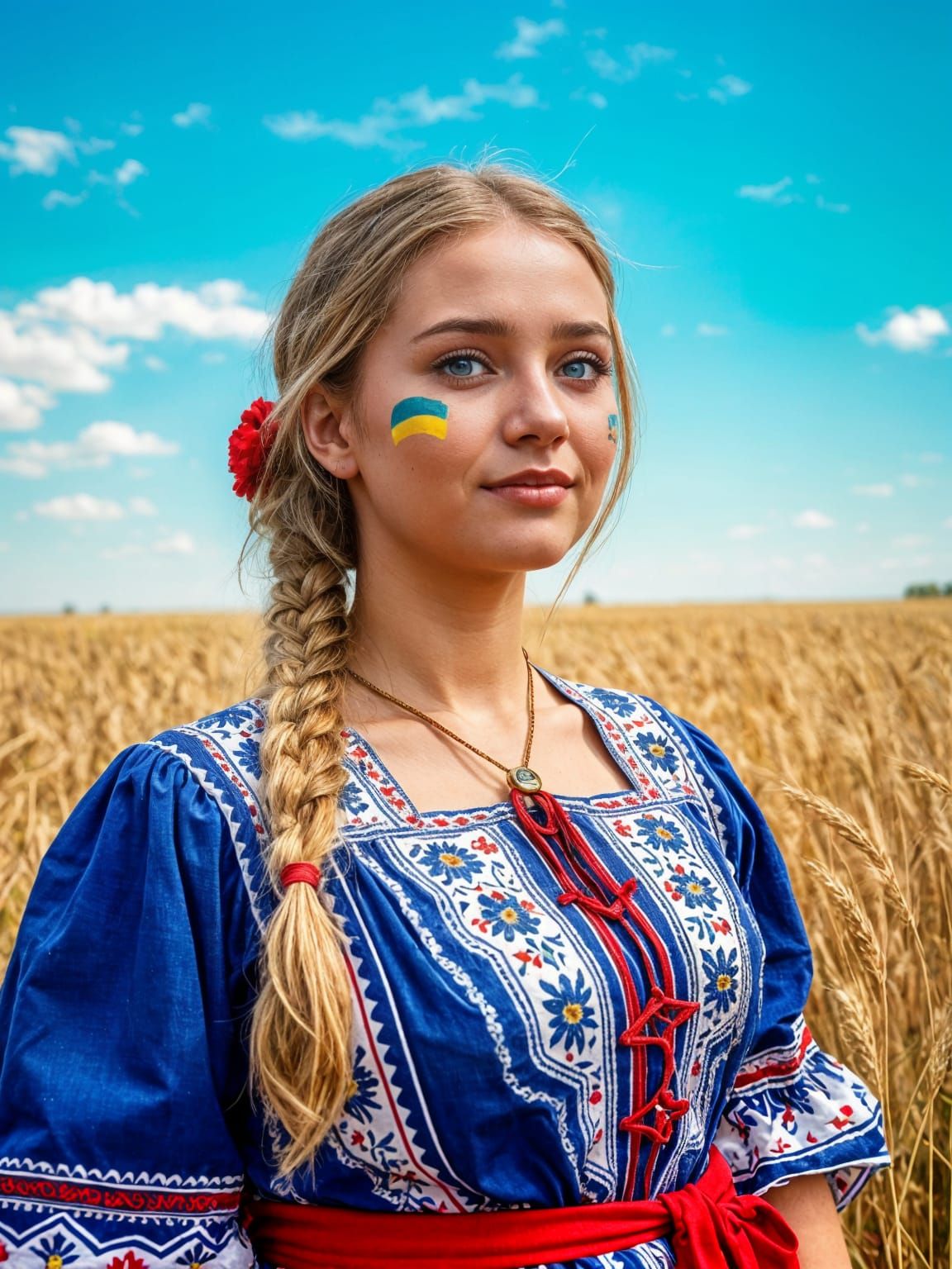 Ukrainian Woman in Wheat Field Under Blue Sky