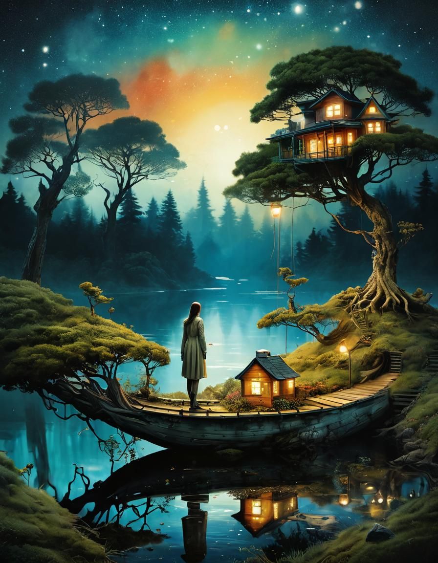 Swedish Lake Midsummer Night Dreamscape in Art Brut Style