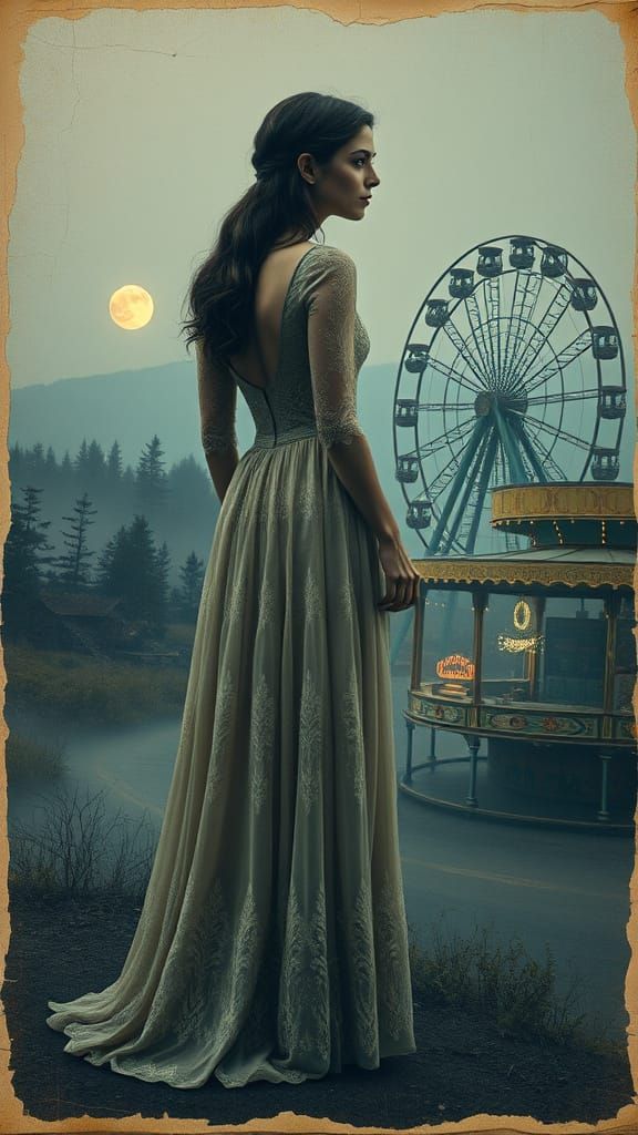 Surreal Postcard Scene of a Woman in a Dreamlike Forest