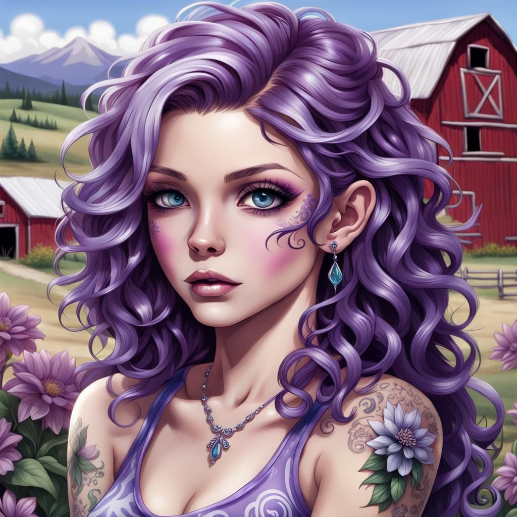 Chibi American Woman with Purple Hair and Tattoos