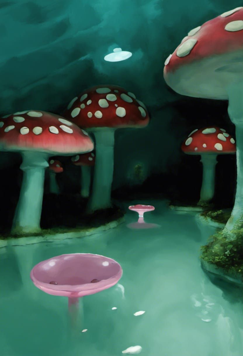 Surreal Backrooms Scene with Glowing Mushrooms