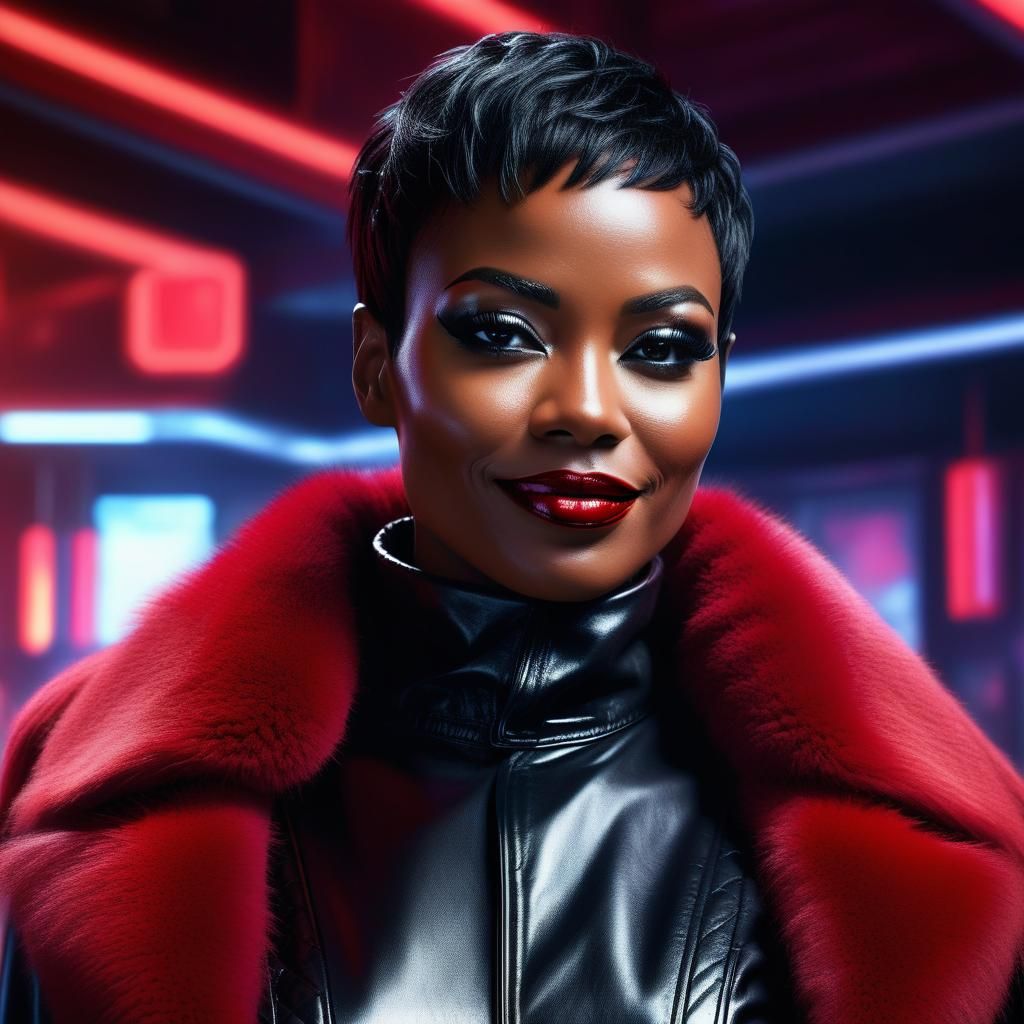 Sci-Fi Black Woman in Red Fur Coat