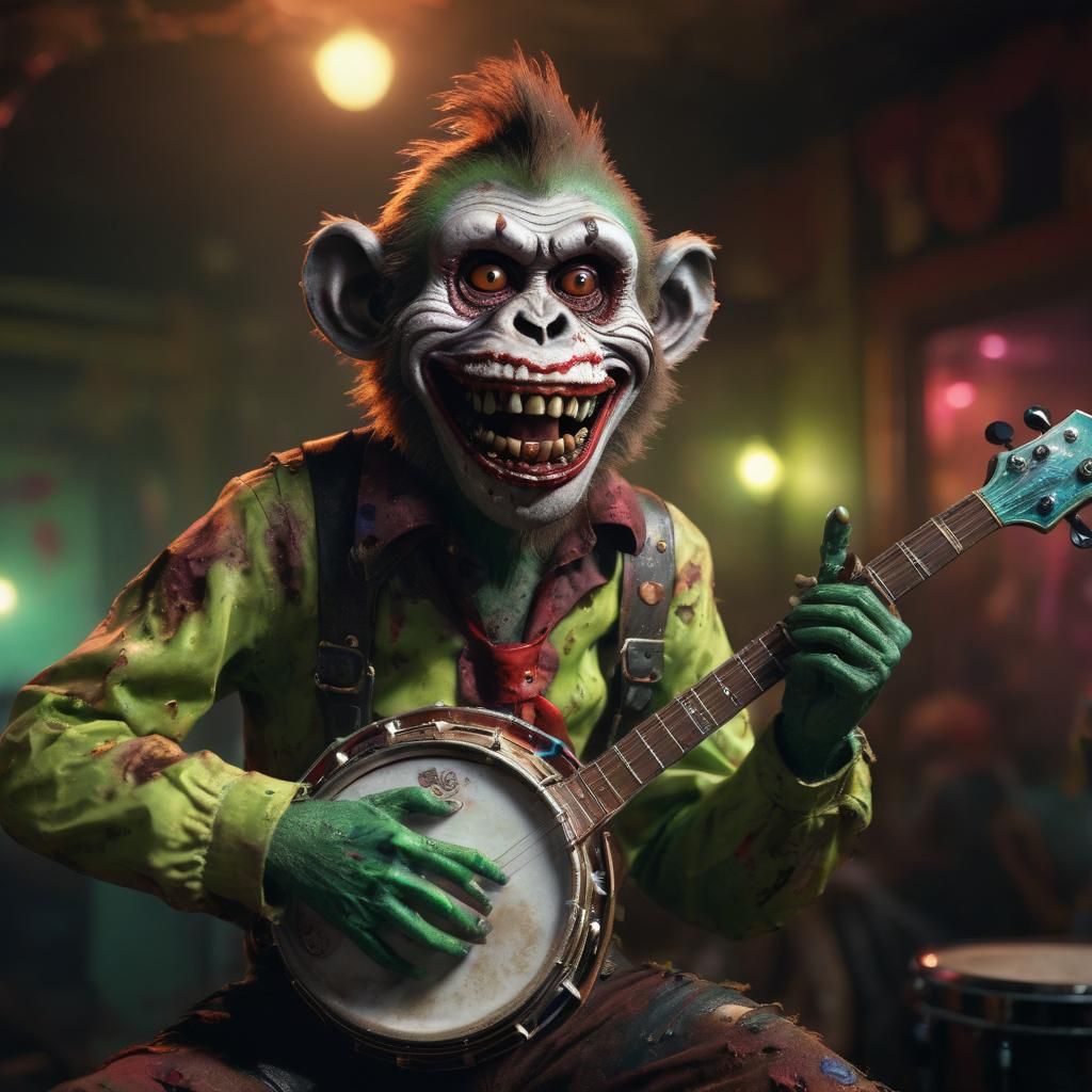 Zombie Monkey Clown Plays Banjo in Jazz Club