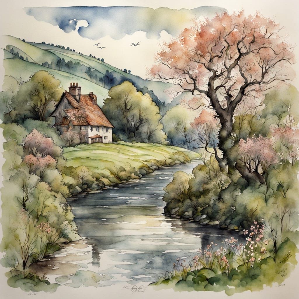 Whimsical Spring Watercolour Landscape