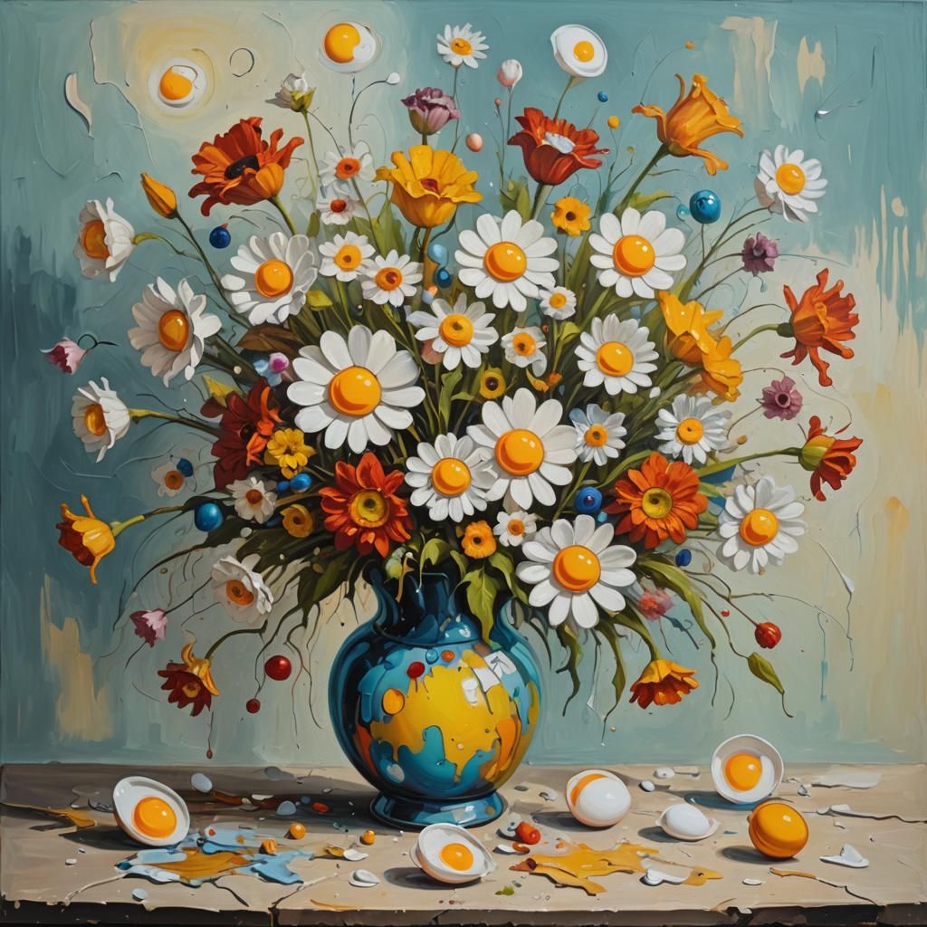 Surreal Oil Painting: Fried Egg Flowers in Vase