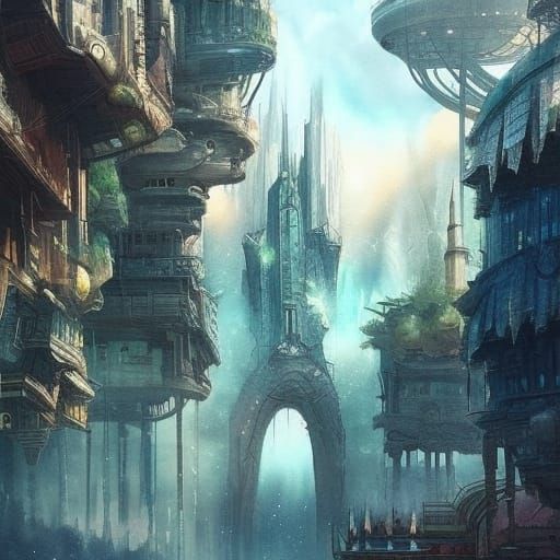Sci-Fi City in Harmony with Nature: Watercolor Painting